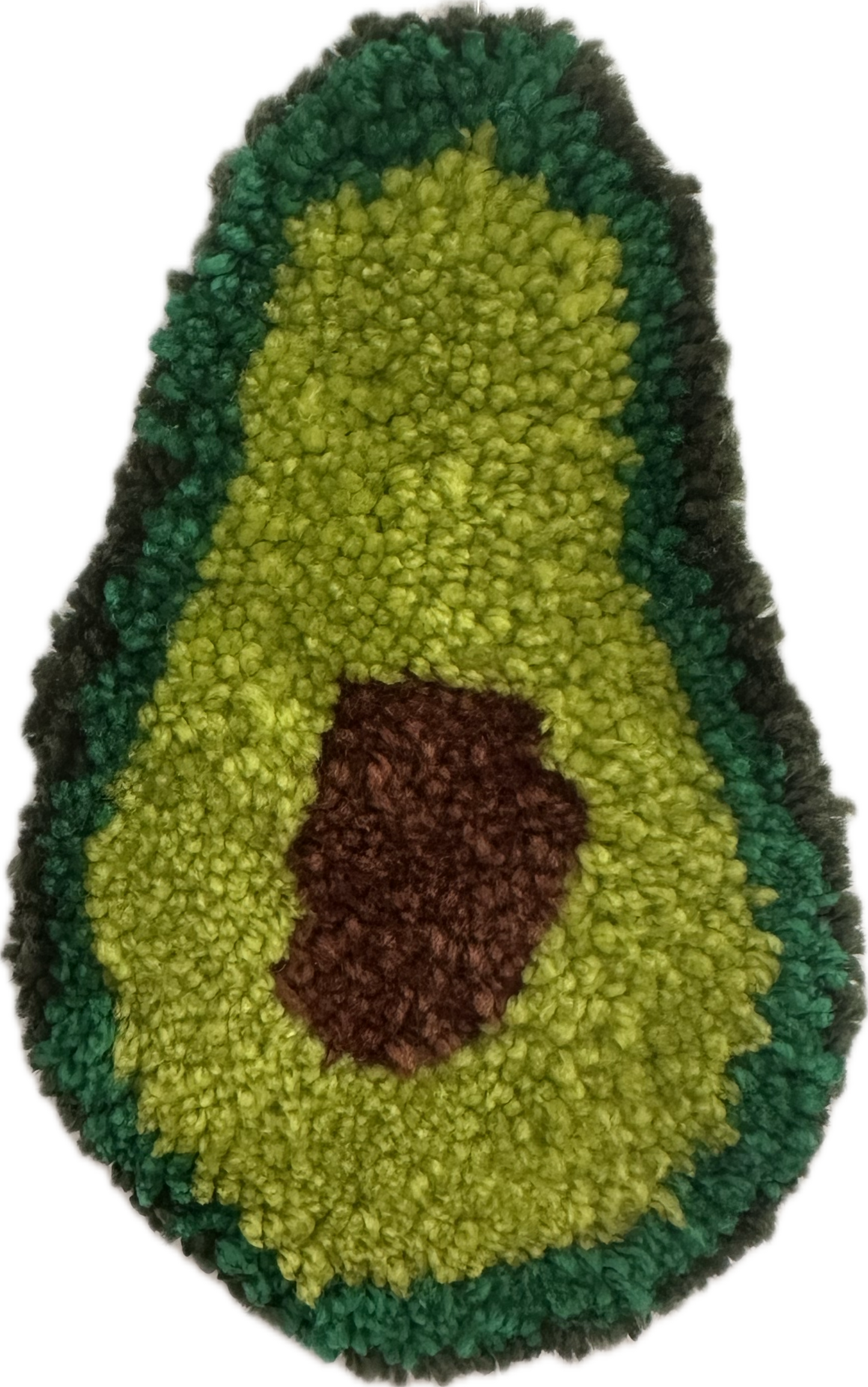 Avocado-shaped rug with green and brown colors on a white background