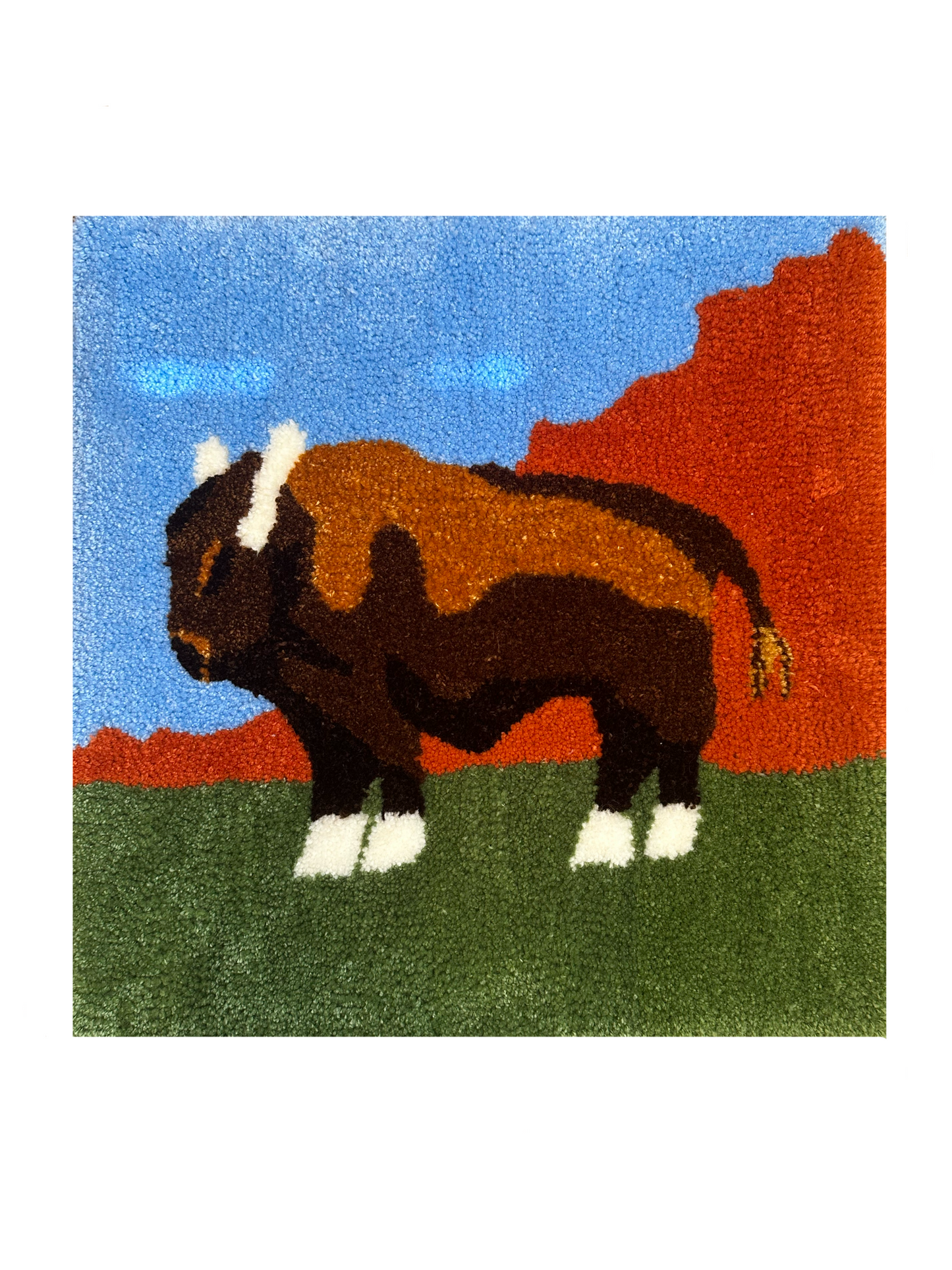 Rug with a bison design against a blue sky and red rock background